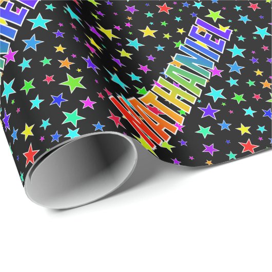 Papier Cadeau Prénom arc-en-ciel "NATHANIEL" + Étoiles (Coin rond)