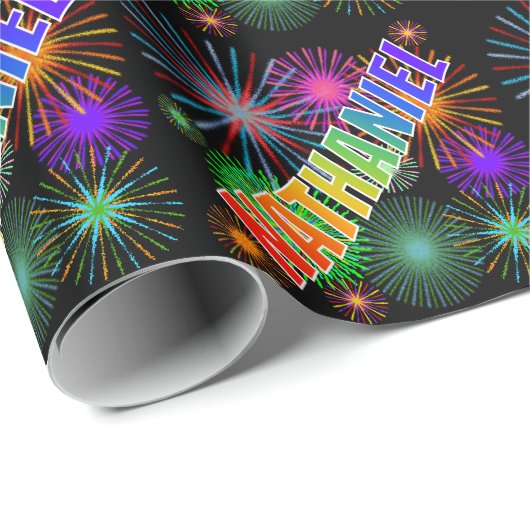 Papier Cadeau Prénom arc-en-ciel "NATHANIEL" + Feu d'artifice (Coin rond)