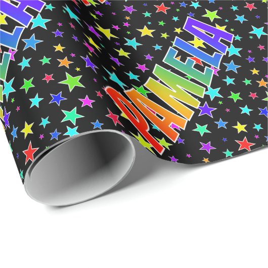 Papier Cadeau Prénom arc-en-ciel "PAMELA" + Etoiles (Coin rond)