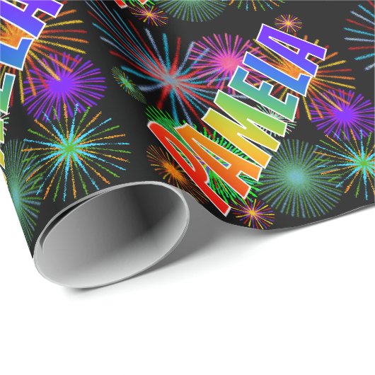 Papier Cadeau Prénom arc-en-ciel "PAMELA" + Feu d'artifice (Coin rond)