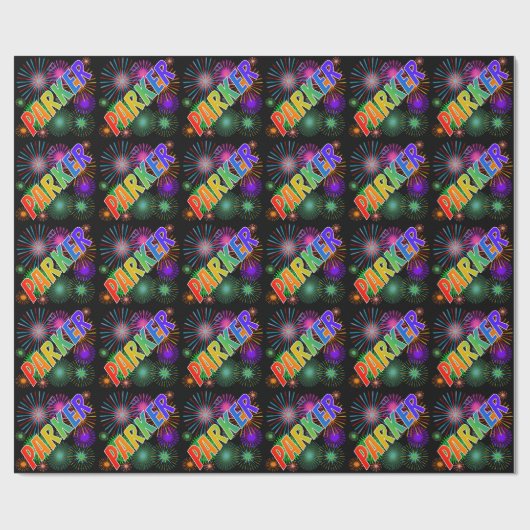 Papier Cadeau Prénom Arc-en-ciel "PARKER" + Feu d'artifice (Plat)