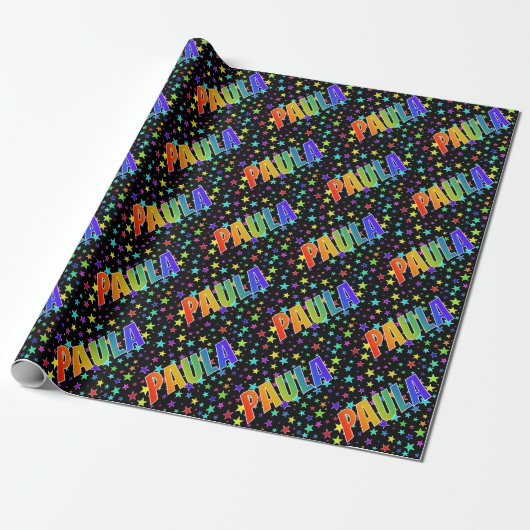 Papier Cadeau Prénom arc-en-ciel "PAULA" + Étoiles (Déroulé)