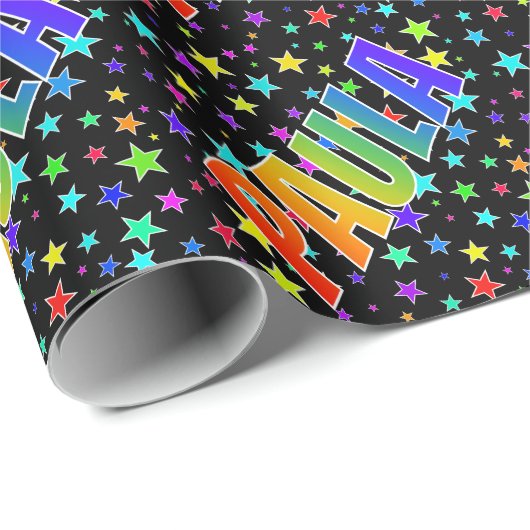 Papier Cadeau Prénom arc-en-ciel "PAULA" + Étoiles (Coin rond)