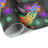 Papier Cadeau Prénom arc-en-ciel "PENELOPE" + Feu d'artifice (Coin rond)