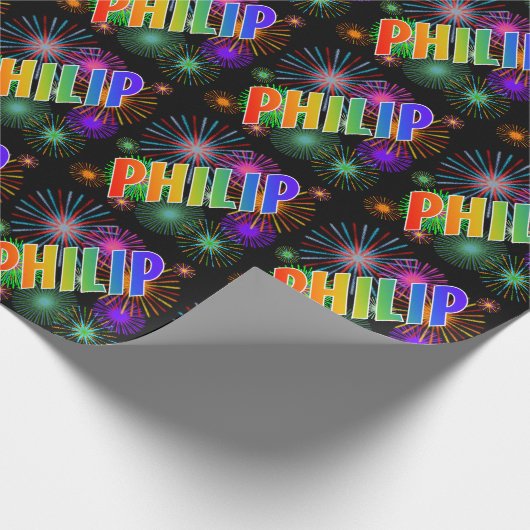 Papier Cadeau Prénom arc-en-ciel "PHILIP" + feux d'artifice (Coin)