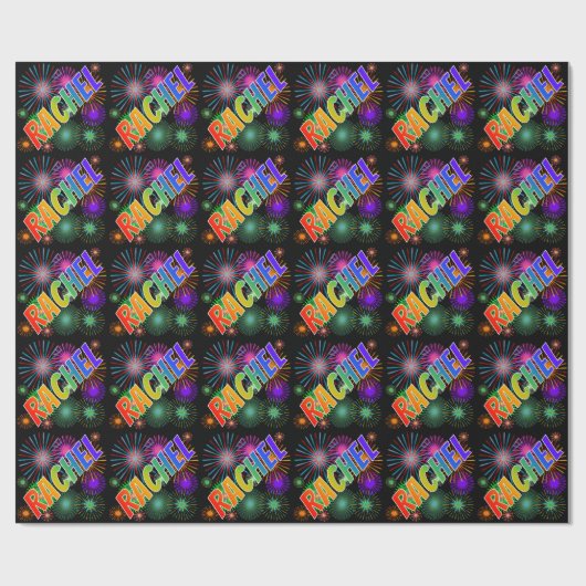 Papier Cadeau Prénom arc-en-ciel "RACHEL" + feux d'artifice (Plat)