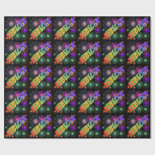 Papier Cadeau Prénom arc-en-ciel "REBECCA" + feux d'artifice (Plat)