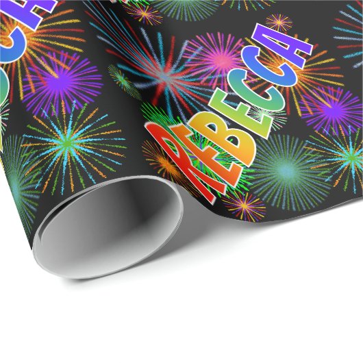 Papier Cadeau Prénom arc-en-ciel "REBECCA" + feux d'artifice (Coin rond)