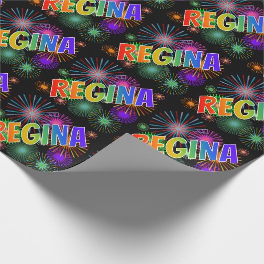 Papier Cadeau Prénom arc-en-ciel "REGINA" + feux d'artifice (Coin)