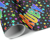 Papier Cadeau Prénom arc-en-ciel "RUBY" + Stars (Coin rond)