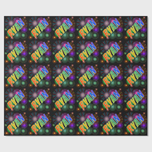 Papier Cadeau Prénom Arc-en-ciel "RYAN" + Feu d'artifice (Plat)