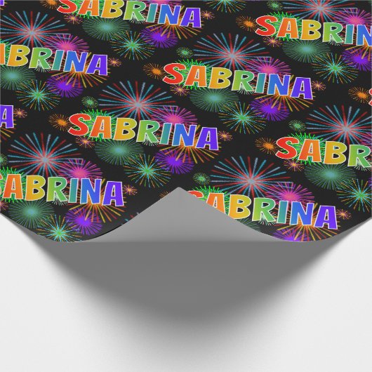 Papier Cadeau Prénom arc-en-ciel "SABRINA" + feux d'artifice (Coin)