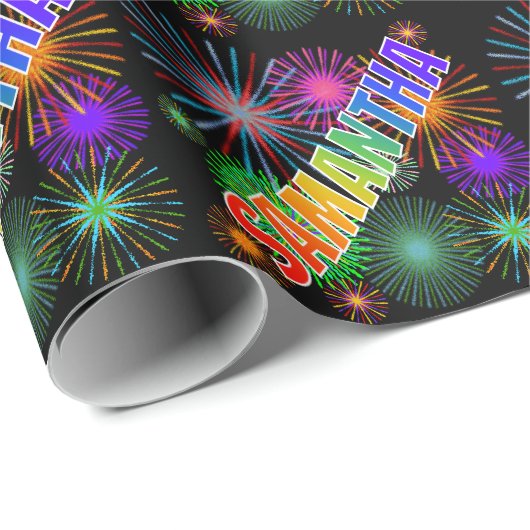 Papier Cadeau Prénom arc-en-ciel "SAMANTHA" + Feu d'artifice (Coin rond)