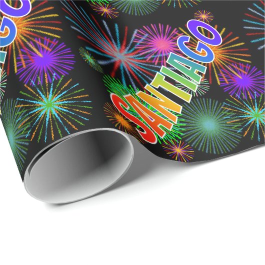 Papier Cadeau Prénom Arc-en-ciel "SANTIAGO" + Feu d'artifice (Coin rond)