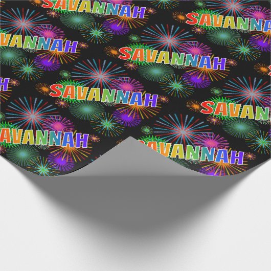 Papier Cadeau Prénom arc-en-ciel "SAVANNAH" + Feu d'artifice (Coin)