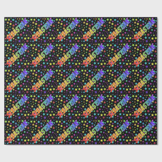 Papier Cadeau Prénom arc-en-ciel "SEBASTIAN" + Étoiles (Plat)