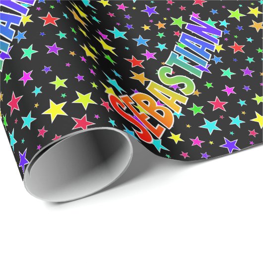 Papier Cadeau Prénom arc-en-ciel "SEBASTIAN" + Étoiles (Coin rond)