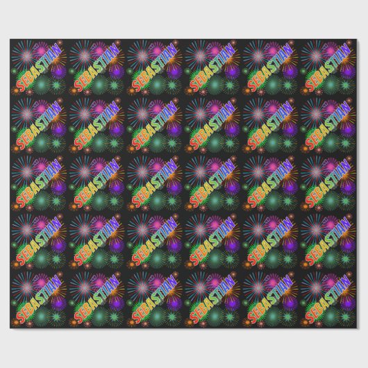 Papier Cadeau Prénom arc-en-ciel "SEBASTIAN" + Feu d'artifice (Plat)