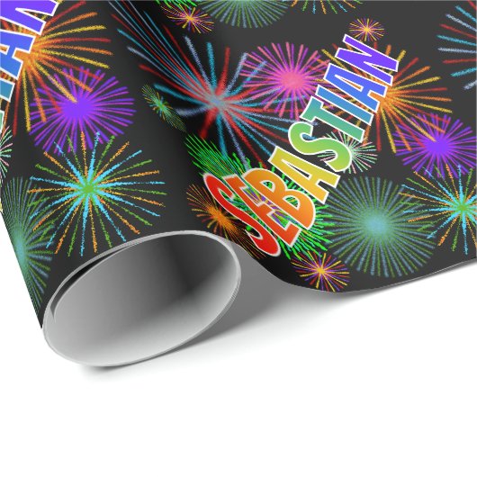 Papier Cadeau Prénom arc-en-ciel "SEBASTIAN" + Feu d'artifice (Coin rond)