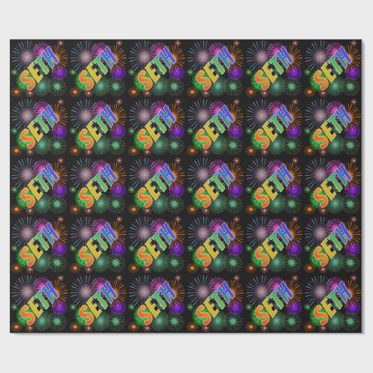 Papier Cadeau Prénom arc-en-ciel "SETH" + Fireworks (Plat)