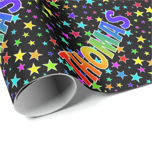 Papier Cadeau Prénom arc-en-ciel "THOMAS" + Étoiles (Coin rond)