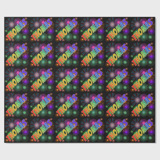 Papier Cadeau Prénom arc-en-ciel "THOMAS" + Feu d'artifice (Plat)