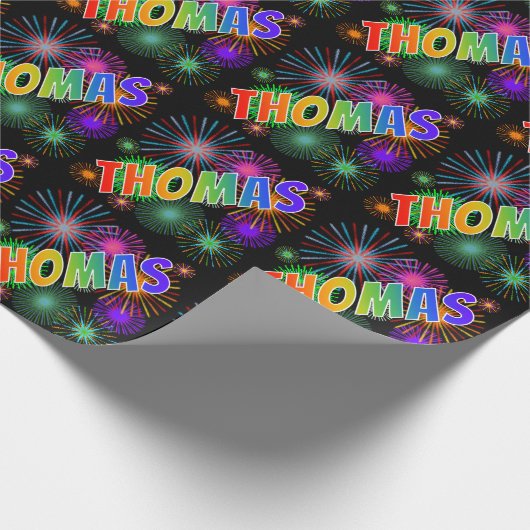 Papier Cadeau Prénom arc-en-ciel "THOMAS" + Feu d'artifice (Coin)