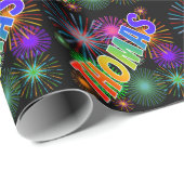Papier Cadeau Prénom arc-en-ciel "THOMAS" + Feu d'artifice (Coin rond)