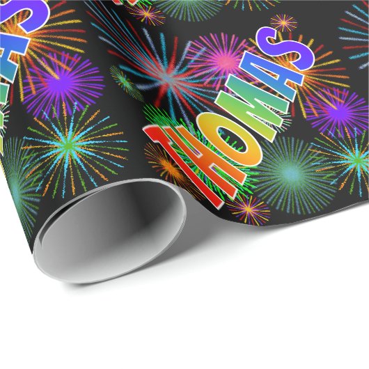 Papier Cadeau Prénom arc-en-ciel "THOMAS" + Feu d'artifice (Coin rond)