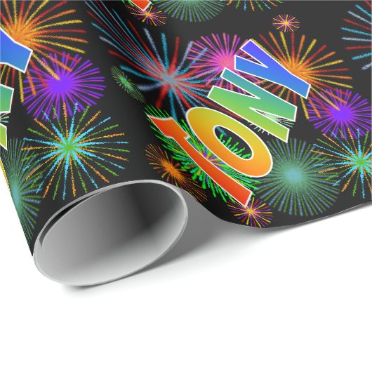 Papier Cadeau Prénom arc-en-ciel "TONY" + Feu d'artifice (Coin rond)