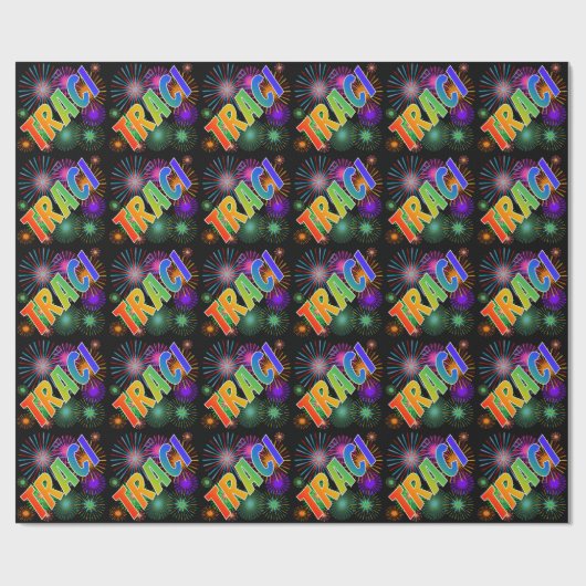 Papier Cadeau Prénom arc-en-ciel "TRACI" + feux d'artifice (Plat)