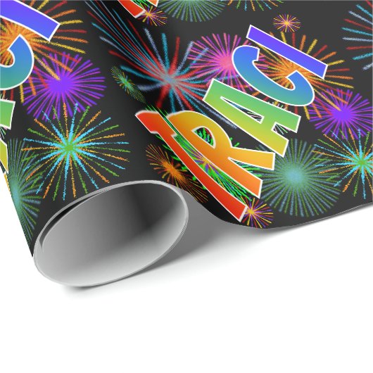 Papier Cadeau Prénom arc-en-ciel "TRACI" + feux d'artifice (Coin rond)