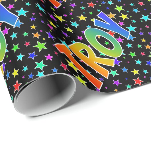 Papier Cadeau Prénom arc-en-ciel "TROY" + étoiles (Coin rond)