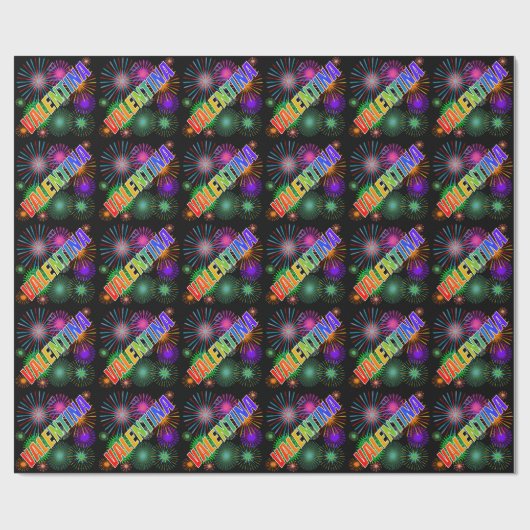 Papier Cadeau Prénom arc-en-ciel "VALENTINA" + feux d'artifice (Plat)