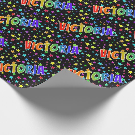 Papier Cadeau Prénom arc-en-ciel "VICTORIA" + Étoiles (Coin)
