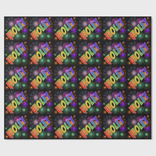 Papier Cadeau Prénom arc-en-ciel "VIOLET" + feux d'artifice (Plat)