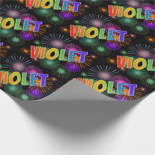Papier Cadeau Prénom arc-en-ciel "VIOLET" + feux d'artifice (Coin)