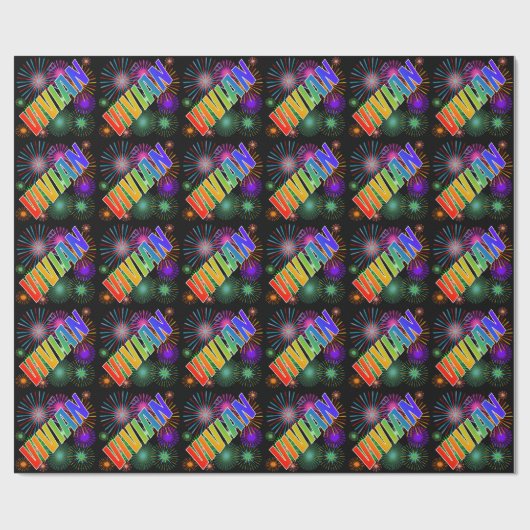Papier Cadeau Prénom arc-en-ciel "VIVIAN" + feux d'artifice (Plat)
