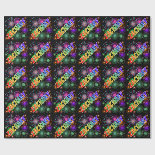 Papier Cadeau Prénom arc-en-ciel "ZACHARY" + Feu d'artifice (Plat)