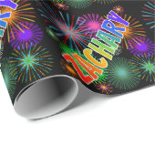 Papier Cadeau Prénom arc-en-ciel "ZACHARY" + Feu d'artifice (Coin rond)