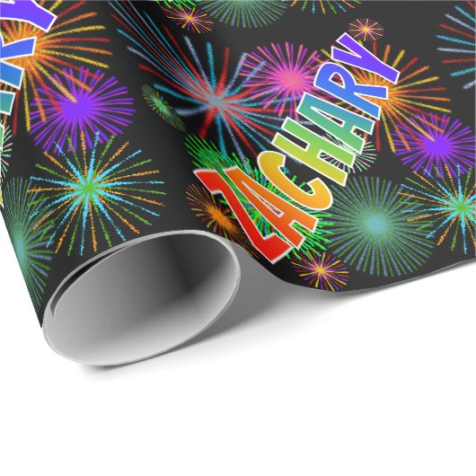 Papier Cadeau Prénom arc-en-ciel "ZACHARY" + Feu d'artifice (Coin rond)