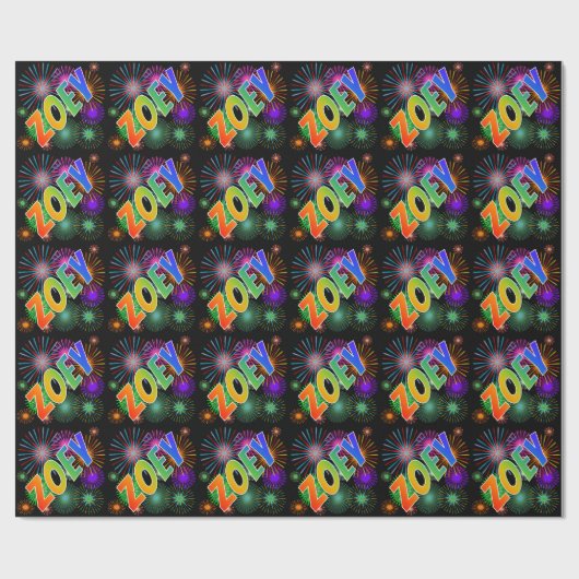 Papier Cadeau Prénom arc-en-ciel "ZOEY" + Feu d'artifice (Plat)