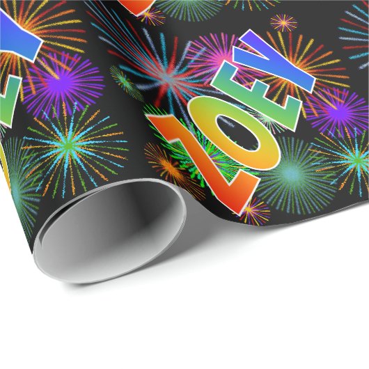 Papier Cadeau Prénom arc-en-ciel "ZOEY" + Feu d'artifice (Coin rond)
