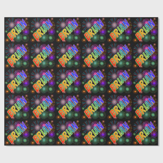 Papier Cadeau Prénom "BRIAN" d'arc-en-ciel + Feux d'artifice (Plat)
