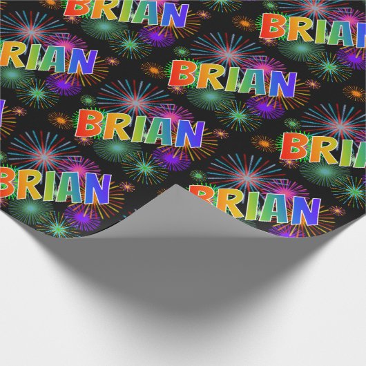 Papier Cadeau Prénom "BRIAN" d'arc-en-ciel + Feux d'artifice (Coin)