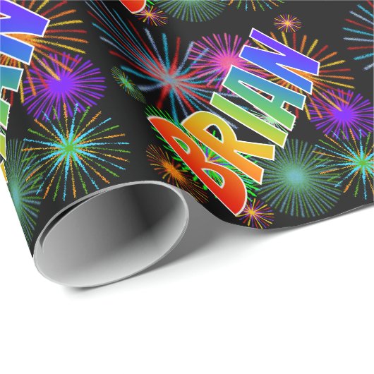 Papier Cadeau Prénom "BRIAN" d'arc-en-ciel + Feux d'artifice (Coin rond)
