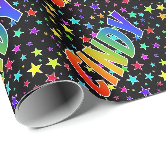 Papier Cadeau Prénom "CINDY" d'arc-en-ciel + Étoiles (Coin rond)