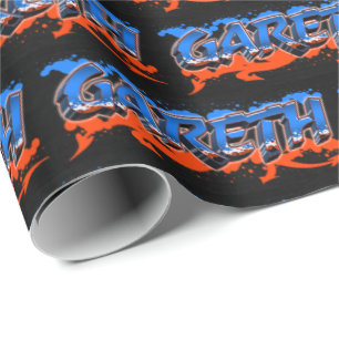 Papier Cadeau Prénom de Gareth Graffiti blue orange