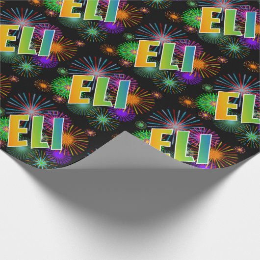 Papier Cadeau Prénom "ELI" d'arc-en-ciel + Feux d'artifice (Coin)