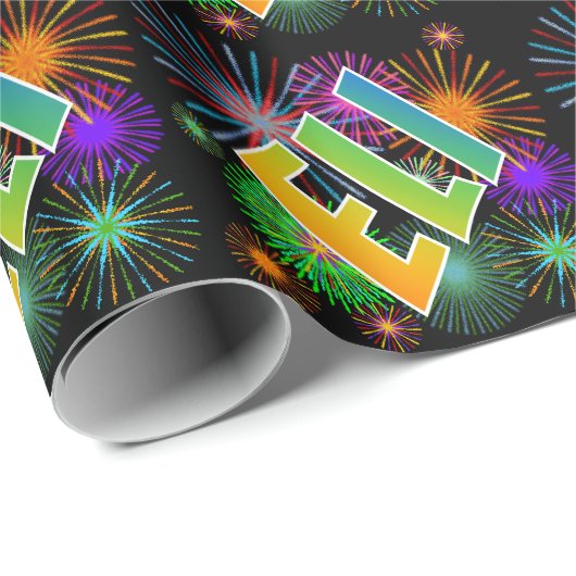 Papier Cadeau Prénom "ELI" d'arc-en-ciel + Feux d'artifice (Coin rond)